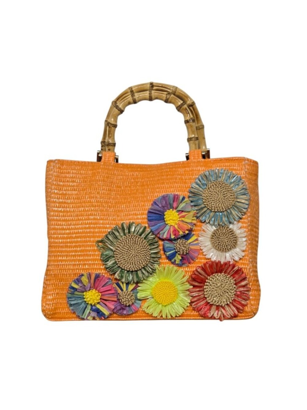 Haute Hippie Straw Floral Orange Tote Bag Bamboo Handles Chain Strap Boho